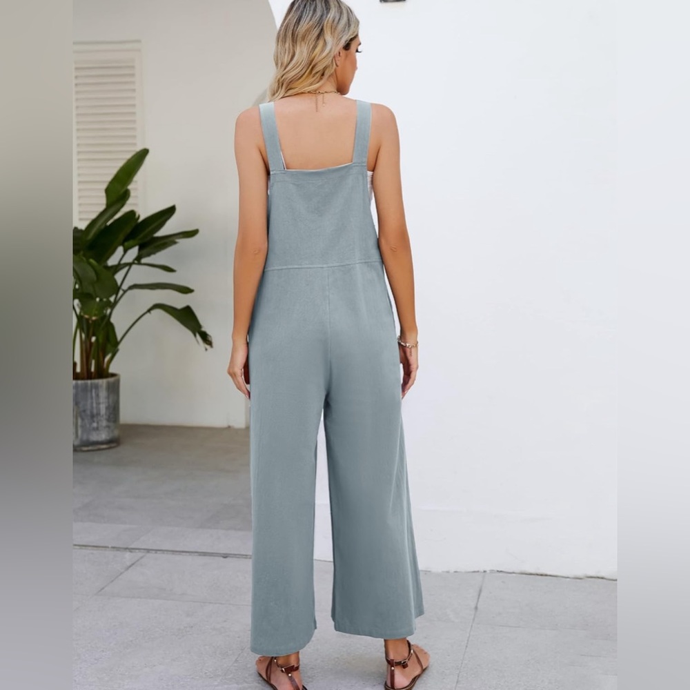 Women’s Bluish Gray Casual Loose Fit Wide Leg Jumpsuit With Adjustable Straps - Picture 5 of 11